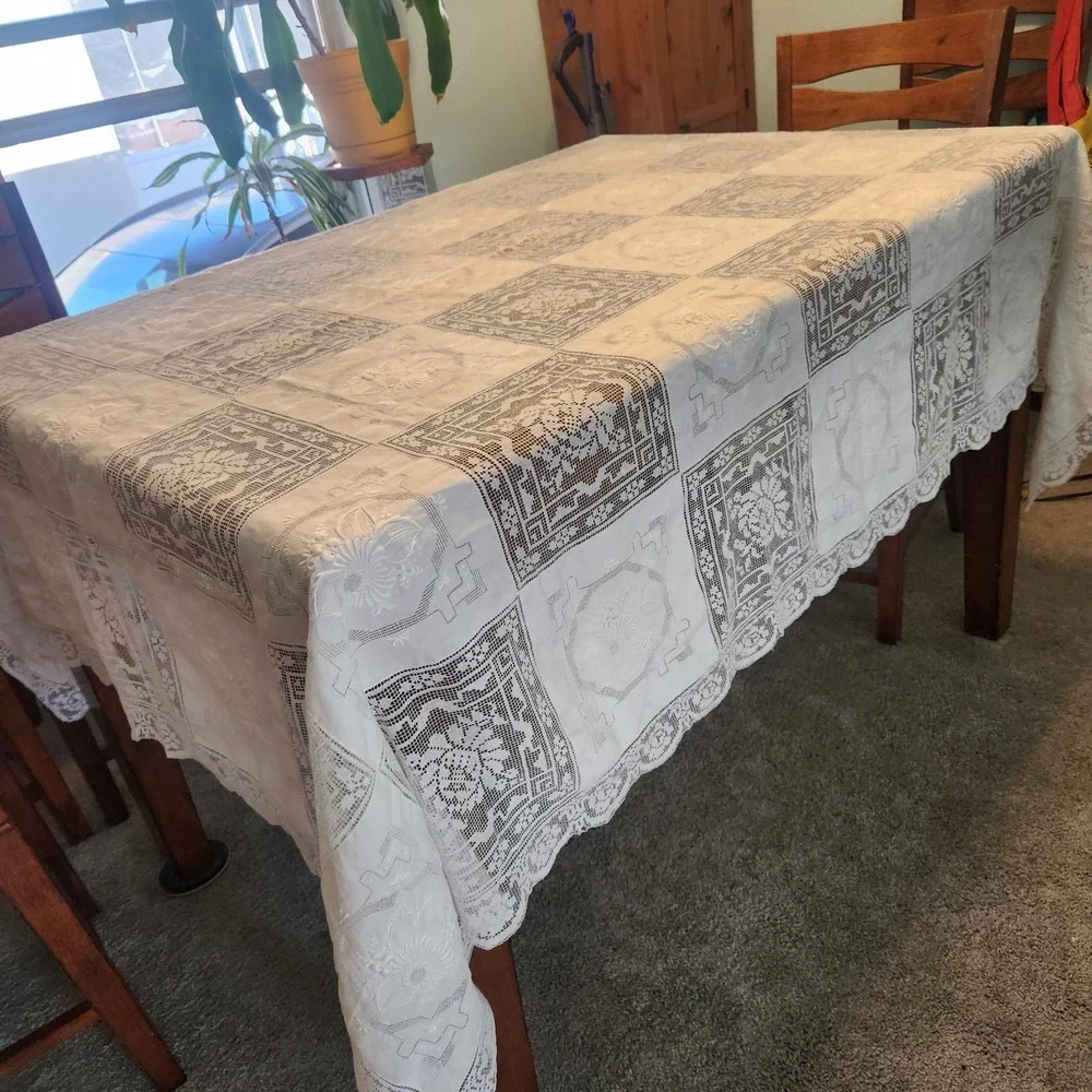 Vtg Filet Lace And Embroidered Panels Patchwork Tablecloth Cottagecore 66 X 88